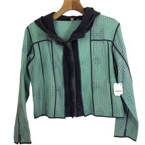 Free People One Tavi Hood Stitching Zip Up Snap Quilted Jacket Green Black Sz XL